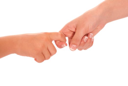 Young woman and children girl handshake isolated on white background