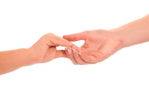 Young woman and children girl handshake isolated on white background