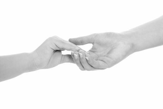 young woman and children girl handshake black and white isolated