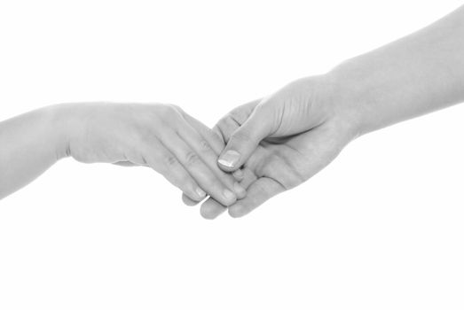 young woman and children girl handshake black and white isolated