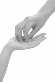 young woman and children girl handshake black and white isolated