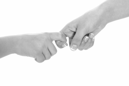 young woman and children girl handshake black and white isolated