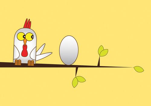 Hand drawn Illustration of a white chicken and egg perched on a branch of a tree, set on a plain yellow coloured background.