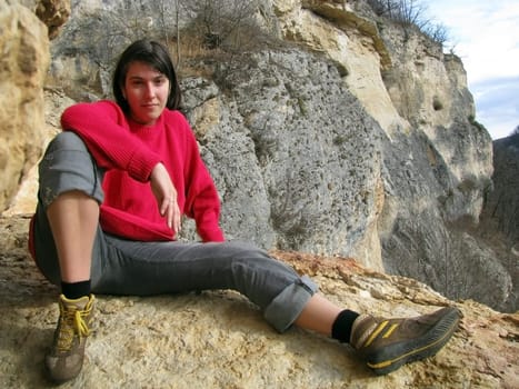 Girl, sits, tourism, mountains, nature, march, active rest, cogitations, beauty, landscape, type, background, Caucasus, relief, landscape