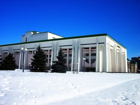 Building, architectral building, house of the culture, winter, snow, ated, blue sky, styles, garden, park of the rest, concert common-room, type