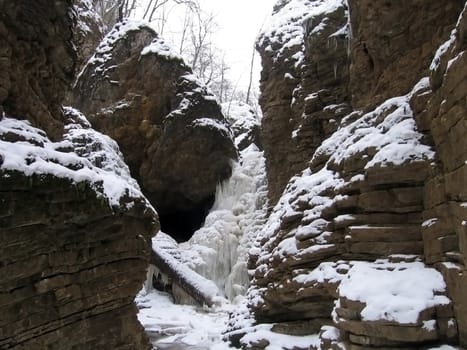 Waterfall, frost, winter, cascade, ice, stone, nature, landscape, type, background, beauty, snow, river, water, earth layers, icicles, canyon, gorge