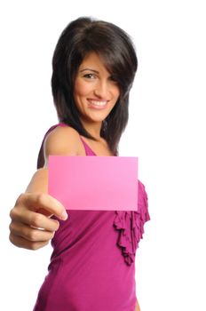 attractive hispanic woman holding bright index cards on a white background