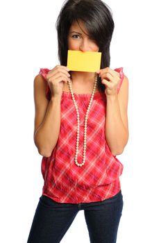 attractive hispanic woman holding bright index cards on a white background