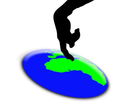 A button in the shape of the world being pushed.