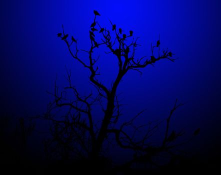 Illustration of birds on a silhouetted tree.