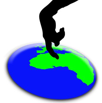 A button in the shape of the world being pushed.