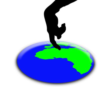 A button in the shape of the world being pushed.
