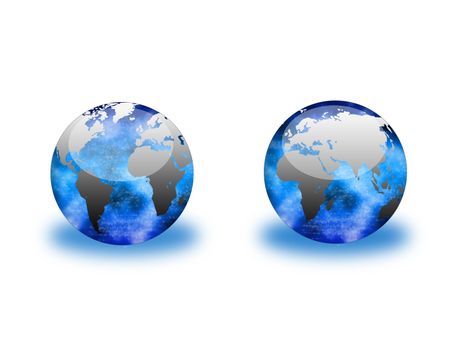 Two clear globes with sparkling interiors, one showing the eastern hemisphere and the other with a view of the western. Clipping paths are included to delete the background.