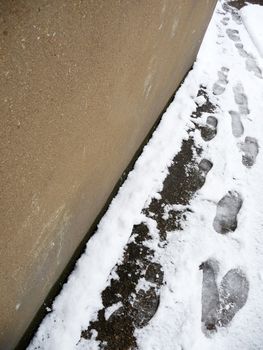 Foot prints on the snow.