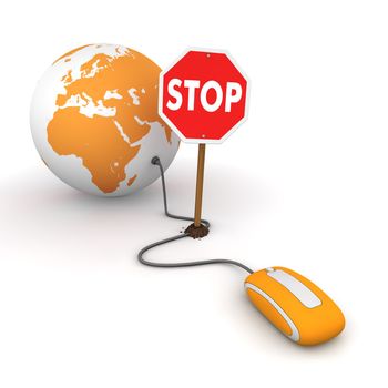 orange computer mouse is connected to a orange globe - surfing and browsing is blocked by a stop sign that cuts the cable