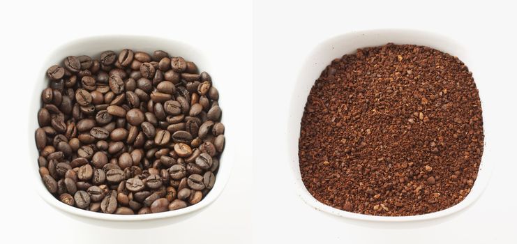 Coffe beans and ground coffee in white cups, high key image