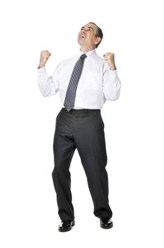 Happy celebrating business man in suit isolated on white background