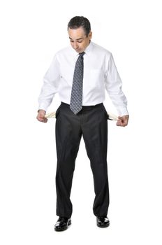 Broke business man in suit isolated on white background