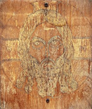 Old self-made Christian orthodox icon on plywood