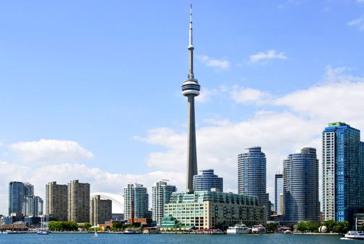 Toronto harbor skyline with CN Tower and skyscrapers