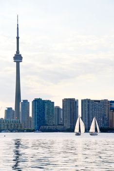 Toronto harbor skyline with CN Tower and skyscrapers