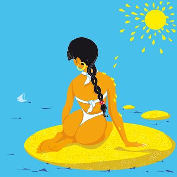 girl on the island, yellow sand, a woman sits, the man on the beach, azure sea, the waves of the sea, the girl tanning, watching the boat, watching the yacht sails are white, white swimsuit, beautiful tan, bright sunshine, gentle rays, yellow, summer on the beach, rest on the sea, long hair, black braid, small islands