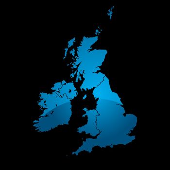 Blue map of the uk divided in two with a shadow and black background