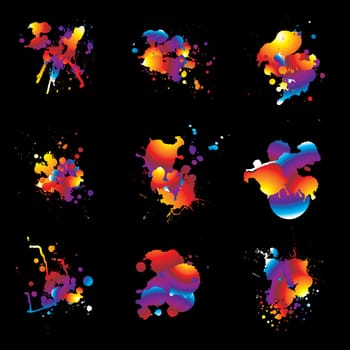 Nine ink splat designs with rainbow colours and black background