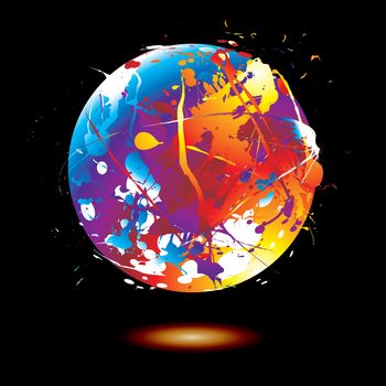Round ink splat with a rainbow effect and drop shadow on a black background