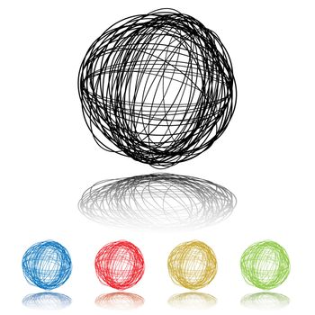 Scribble ball with five color variations and drop shadow