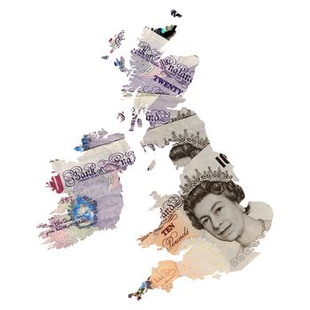 UK and Ireland map with money background