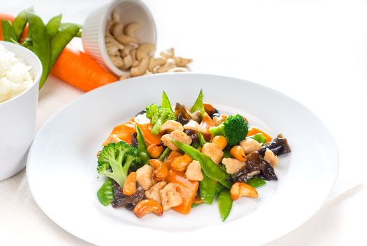 fresh chicken and vegetables stir fried with cashew nuts,typical chinese dish