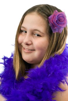 Closeup view of a glamour portrait of a young girl, isolated against a white background