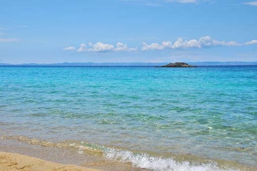 Kalogria beach in Sithonia, Chalkidiki, Greece, with a view on Kassandra peninsula.