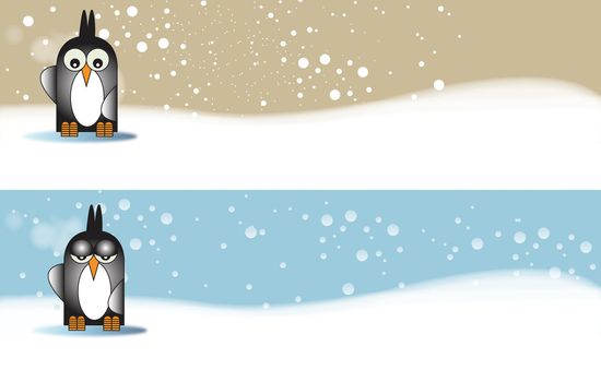 Hand drawn Illustrative banners of stylized penguins, set over a snowy winter background.