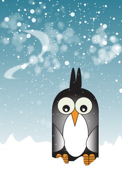 A stylized cartoon character of a penguin. set on a portrait format with snow to the foreground, and a wintery sky with falling snow.