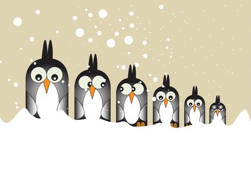 A Hand drawn Illustration of six stylized penguin birds set in a row looking forward. Set on a white snowy foreground, with falling snow over a sky background.