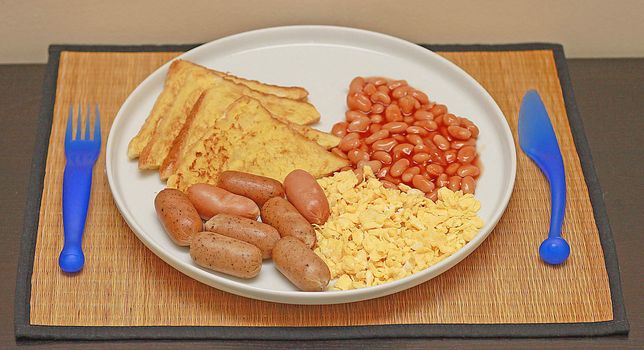 french toast, scramble egg, baked beans with sausage for breakfast