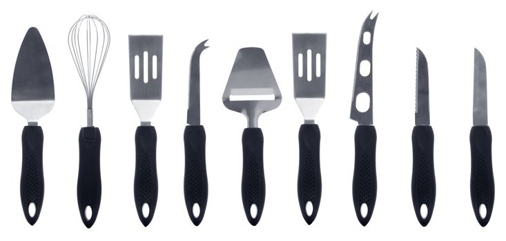 kitchen utensil collection isolated on white background.