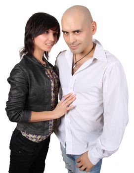 bald handsome man and pretty brunette isolated over isolated with clipping path