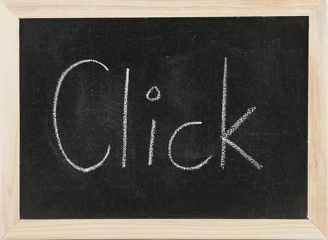 Black chalk board with wooden framed surround with the word Click.