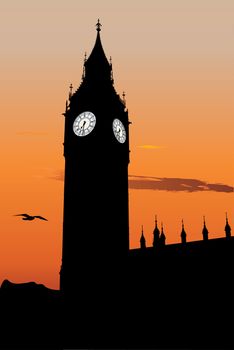 Silhouette of Big Ben at sunset, one of the most popular landmark in London