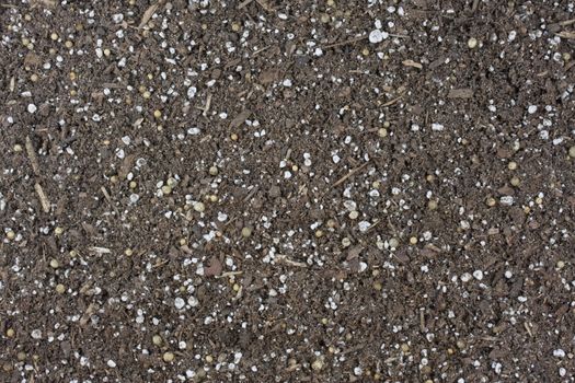 dry garden potting soil background with small wood chips
