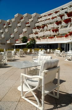 Empty table and hotel.