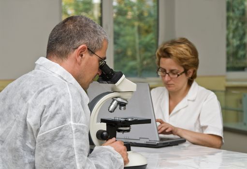 Two researchers working together with a microscope. 