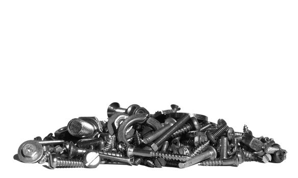 Industrial steel hardware bolts, nuts, screws isolated on white with copyspace