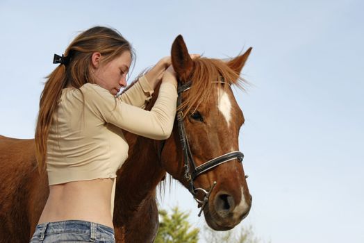 beautiful teenager and her brown horse outdoors