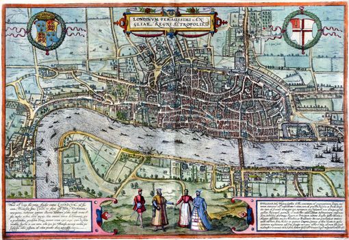 Old map of London,  UK, from Civitate Orbis Terrarum (1572) by Georg Braun (1541-1622)