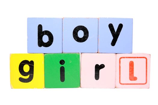 assorted childrens toy letter building blocks against a white background that spell boy girl with clipping path