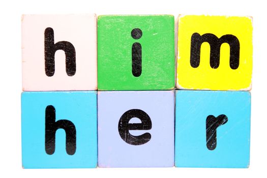assorted childrens toy letter building blocks against a white background that spell her him with clipping path